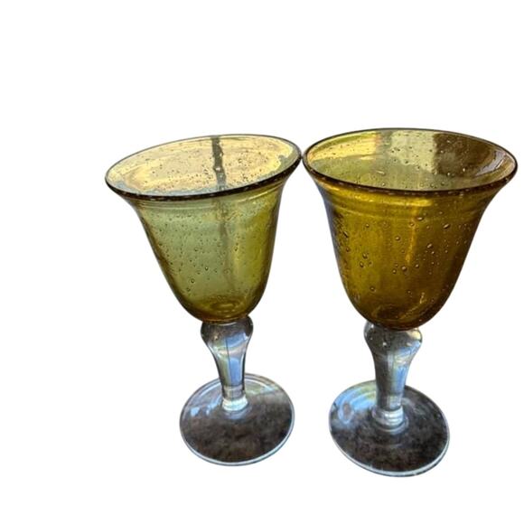 Handblown Amber Controlled Bubble Glass Wine Goblets - Picture 1 of 3